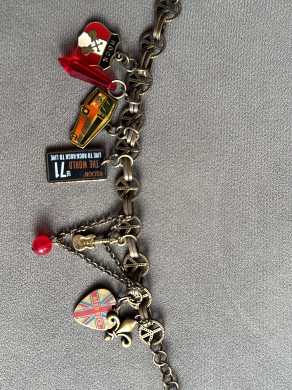 Hard Rock Cafe Antique Gold-Tone Bracelet with Red and Multicolor Charms